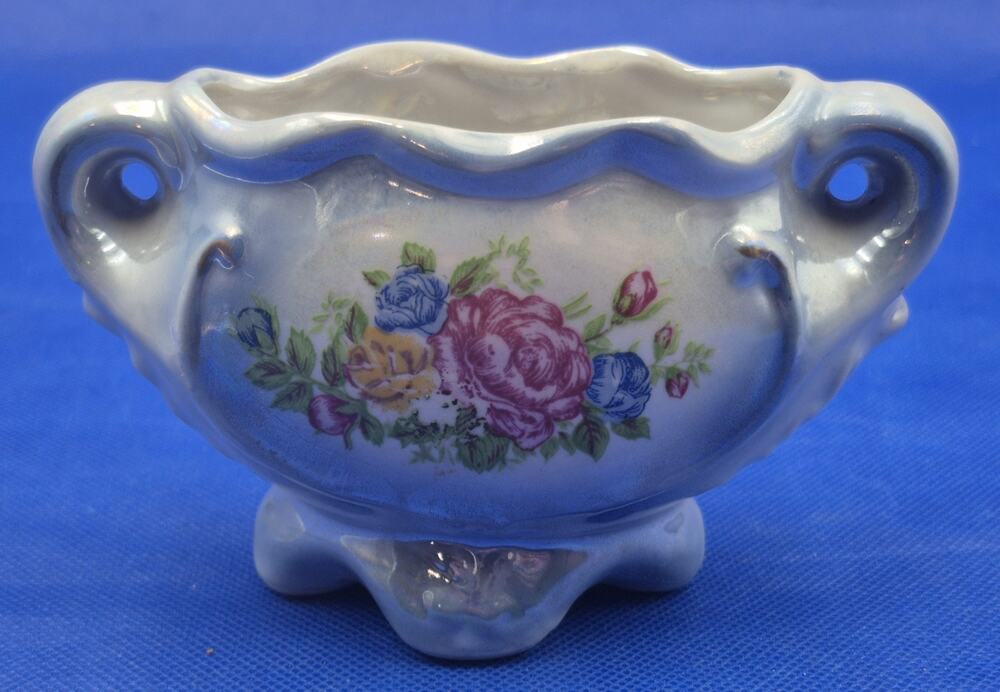 Vintage Iridescent Blue Lusterware Floral Planter Rose Decals 6x3.5x2.5"